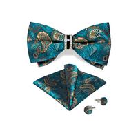 DiBanGu Seide Fliege für Männer Turkis Paisley vorgebundene Fliege und Strass Ring Einstecktuch Manschettenknöpfe Set Hochzeit Party