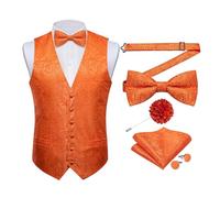 DiBanGu Seiden-Paisley-Weste für Herren, formelle Anzugweste und Fliege, Reversnadel-Set, 7-teilig, Weste für Anzug oder Smoking, burnt orange, XX-Large