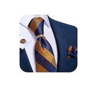DiBanGu Seidenkrawatten für Herren und goldener Krawattenring, gewebte Einstecktuch-Manschettenknöpfe mit Geschenkbox, Paisley-Streifen, solide Krawatte, Blau und Gold kariert, Einheitsgröße