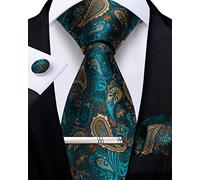 DiBanGu Turkis Paisley Krawatte für Herren Formellen Seidenkrawatte und Einstecktuch Manschettenknöpfe Hochzeit Party Krawattenklammer Set