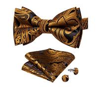 DiBanGu Vorgebundene Fliege für Herren, Seide, verstellbare Fliege, mit gewebtem Einstecktuch, formelle Manschettenknöpfe, für Hochzeitsfeiern, Schwarz / Gold Paisley, Einheitsgröße