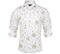 DiBanGu Weihnachtshemden für Herren, glänzend, mit Knopfleiste, festliches Langarm-Shirt für Urlaubsparty, Weiß und goldfarbene Schneeflocke, Large