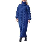 Dickes Strickkleid für Damen, mit hohem Halsausschnitt, lässig, einfarbig, warm, Zopfmuster, langärmelig, Winter-Maxikleid, blau, M
