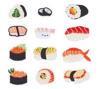 DICOSMETIC 12 Stück 12 Stile Sushi Aufnäher Nigiri Inari Bügelaufnäher Japanisches Essen Applikation Taiyaki Tempura Bestickte Applikationen Stickerei Aufnäher Für Kleidung Jeans Jacken Hüte Kleider