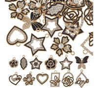 DICOSMETIC 48 Stücke 12 Styles Schwarz Gold Valentinstag Charme Liebe Herz Blatt Blume Schmetterling Stern Strass Charms Legierung Emaille Strass Anhänger Für Halskette Armband Schmuckherstellung
