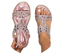 Didadihu Glitzer Sandaletten für Damen Flach Boho Sandalen - Sommer Bequem Breite Füße Damensandalen & Slides - Frauen Elegant Sommer Schuhe Sommerschuhe Weite H,04 Rosa,43/EU