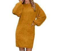 Didadihu Pulloverkleid Damen Rundhals Herbst Winter Pullover Kleid Oversize Knielang Strickkleid Elegant Langarm Herbstkleid Winterkleid,Orange,XXL