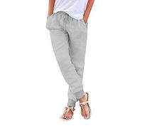 Didadihu Sommerhose Damen,Leinenhose Damen Sommer Casual Baumwolle Stoffhose Freizeithose Einfarbig Stretch Leicht Leinen Hose Mit Straight Leg Hose und Taschen,03 Grau,L