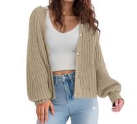 Didadihu Strickjacke Damen beige Kurz Strick Cardigan V-Ausschnitt Knopfleiste Grobstrickjacke Oversize Open Front Sweater Elegant Casual Strickweste Schulterjacke Top,02 Beige1,L