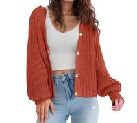Didadihu Strickjacke Damen Kurz Strick Cardigan V-Ausschnitt Knopfleiste Grobstrickjacke Oversize Open Front Sweater Elegant Casual Strickweste Schulterjacke Top,02 Orange,S