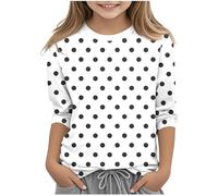 Die Discounter 3/4 Ärmel Pullover Mädchen Polka-Punkte Druck Langarmshirt Casual O-Ausschnitt Bluse Schlank Pulli Leichte Langarm T-Shirt Dünne Oberteile Baumwolle Basic Top Bequem Longsleeve