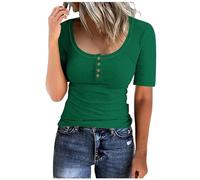 Die Discounter Sportshirt Damen Einfarbig Rippen Tshirt Elegante Gerippt Bluse Knöpfen O-Ausschnitt T-Shirt Hauteng Kurzarm Strickshirt Sommer Dünne Oberteile Baumwolle Basic