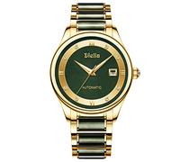 Diella Herren Uhren Datumsanzeige Wasserdicht, Selbstwindender, Gold Edelstahl und Schwarz Grün Jade Armband Uhren Geschenke für Männer