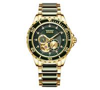 Diella Luxus Uhren Herren Datumsanzeige, Skelett Herren Automatik Uhren Wasserdicht, Gold Edelstahl und Dunkelgrün Jade Herren Armband Uhren