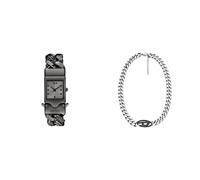 Diesel Herren Closer Grey Uhr und Oval D-Logo Halskette Zweifarbiger Edelstahl, Set