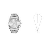 Diesel Herren D-Curve Silberfarbene Uhr und D-Logo Halskette, Set