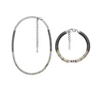 Diesel Herren D-Logo Silberfarbene Halbedelstein Halskette und Armband, Set