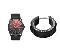Diesel Herren Master Chief Schwarze Lederuhr und Edelstahl Ohrringe, Set