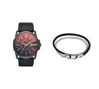 Diesel Herren Master Chief Schwarze Lederuhr und Silberfarbener Edelstahl Armband, Set