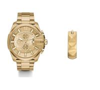 Diesel Herren Mega Chief Goldfarbene Edelstahl Uhr und Ohrringe, Set