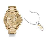 Diesel Herren Mega Chief Goldfarbene Edelstahl Uhr und Silberfarbene Halskette, Set