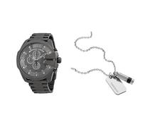 Diesel Herren Mega Chief Graue Edelstahl Uhr und Silberfarbene Halskette, Set