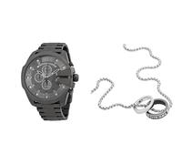 Diesel Herren Mega Chief Graue Edelstahl Uhr und Silberfarbene Halskette, Set