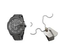Diesel Herren Mega Chief Graue Edelstahl Uhr und Silberfarbene Halskette, Set