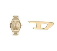 Diesel Herren Rasp Goldfarbene Edelstahl Uhr und Ohrringe, Set