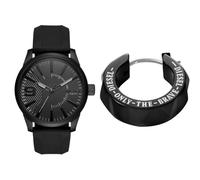 Diesel Herren Rasp Schwarze Silikonuhr und Edelstahl Ohrring, Set