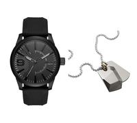 Diesel Herren Rasp Schwarze Silikonuhr und Silberfarbener Edelstahl Halskette, Set