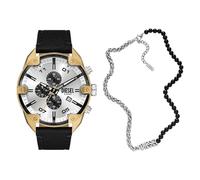 Diesel Herren Spiked Schwarze Lederuhr und Font Halskette aus silberfarbenem Edelstahl, Set