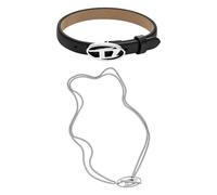 Diesel Herren Stackables Schwarzes Lederarmband und Silber-Ton Edelstahl Halskette, Set