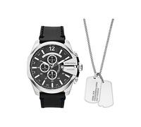 Diesel Herrenuhr Mega Chief, Chronographenwerk, 51 mm silberfarbenes Edelstahlgehäuse mit Lederarmband, DZ4559, Schwarz