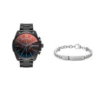 Diesel Herrenuhr Mega Chief, Chronographenwerk, 59 mm, schwarzes Edelstahlgehäuse mit Edelstahlarmband, DZ4318 & Armband Für Männer, 18 cm - 19,5 cm Silbernes Edelstahlarmband, DX0966040