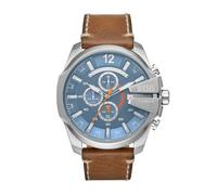 Diesel Herrenuhr Mega Chief, QuarzChronographenwerk, 51mm Silbernes Edelstahlgehäuse mit Lederarmband, DZ4458