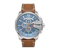 Diesel Herrenuhr Mega Chief, QuarzChronographenwerk, 51mm Silbernes Edelstahlgehäuse mit Lederarmband, DZ4458