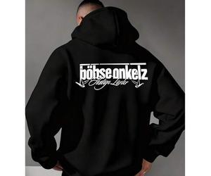 Dieser lässige Hoodie besticht durch einen minimalistischen Print mit den Motiven "Böhse Onkelz" und "Schöne Lieder". Die lockere Passform, der Kordel