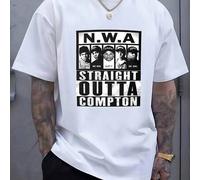Dieses Herren-T-Shirt mit Rundhalsausschnitt feiert die Rap-Gruppe NWA und ihr Album Straight Outta Compton mit Porträts von Ice Cube MC Ren EazyE Yel