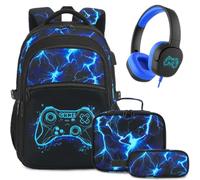DIGOBAY Jungen-Rucksack für die Schule, 3 Stück, cooler leuchtender Gamer-Rucksack für Jungen mit Lunchbox, Federmäppchen, Blaues Licht, Medium, Cool