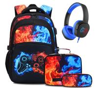 DIGOBAY Jungen-Rucksack für die Schule, 3 Stück, cooler leuchtender Gamer-Rucksack für Jungen mit Lunchbox, Federmäppchen, Gelbblaue Flamme, Medium, Cool