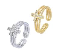 DIKACA 2 Stück Verstellbare Offene Strass Fingerringe Damen Kreuzring in Silber und Gold Langlebiger Verstellbarer Ringschmuck mit Zirkonia Hautfreundlich Modischer Statement Ring für