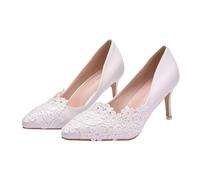 DIKACA Elegante Spitzen Brautschuhe mit Mittelhohem Absatz PU Material Weiß Komfortable Hochzeitsschuhe für Hochzeitsbankett und Partys