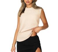 Dilgul Weste Damen Pullunder Ärmellos Weste Strick Winter Strickweste Pullover V-Ausschnitt Strickpullover Beige Large