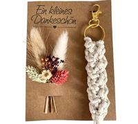 Dinala Kleines Dankeschön - liebevolle danke Karte - mit echtem Trockenblumenstrauß und natürlichem Makramee Schlüsselanhänger - kleines Dankeschön Geschenk das Eindruck hinterlässt (Beige 2)