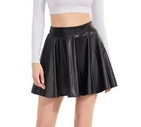 DingCo Damen Kunstleder Schwarz Mini Rock Klassische Hohe Taille Rock Faltenrock PU Schwarz Lederrock, Schwarzer, elastischer Reißverschluss, Klein