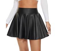 DingCo Damen Kunstleder Schwarz Mini Rock Klassische Hohe Taille Rock Faltenrock PU Schwarz Lederrock, Mattschwarz - elastisch, XX-Large