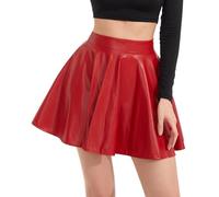 DingCo Damen Kunstleder Schwarz Minirock Klassischer Hohe Taille Rock Faltenrock PU Schwarz Lederrock, Rot-elastischer Reißverschluss, Groß