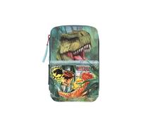 Depesche 11757 Dino World Danger-Gefüllte 3-Fach Federtasche mit Trex Motiv, dunkelgrüne Federmappe mit Buntstiften, Lineal, Schere UVM, Blau [Toy]