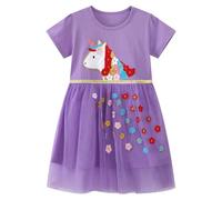 Dinopjs Mädchen Einhorn Kleid Kurzarm Kleider Klassischer Rock mit Blumenstickerei Elegantes lila Kleider Reis Tüllrock Kinderrock Prinzessin Freizeitkleid für 2-9 Jahre Kinder